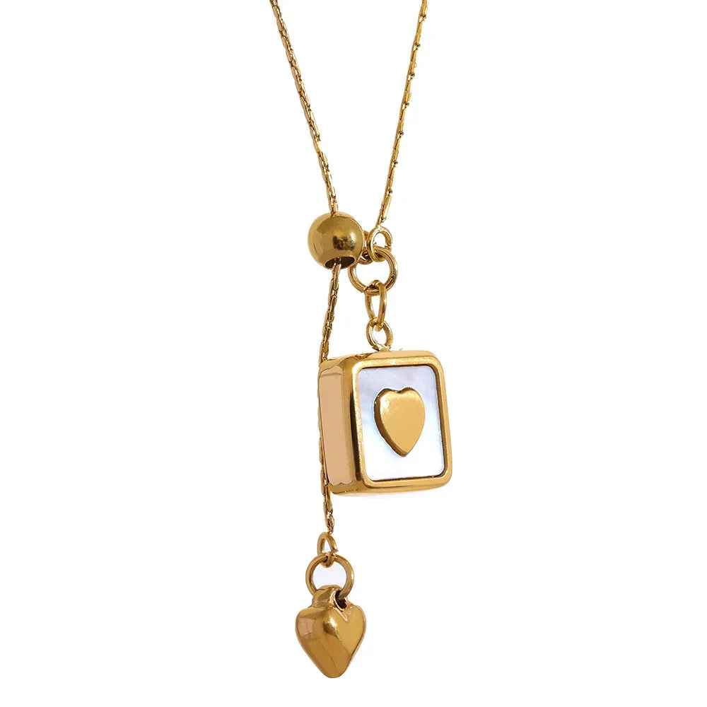 FRAME OF LOVE | Square Shell & Heart Lariat Necklace