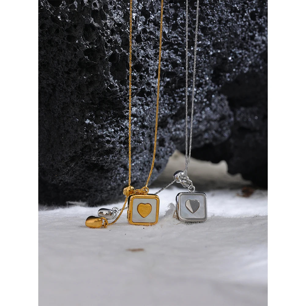 FRAME OF LOVE | Square Shell & Heart Lariat Necklace