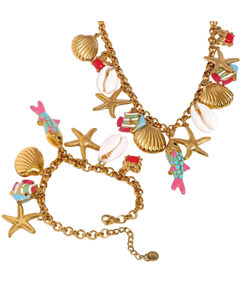Under the Sea Charm Necklace & Bracelet | Handmade 18K Gold Plated Set