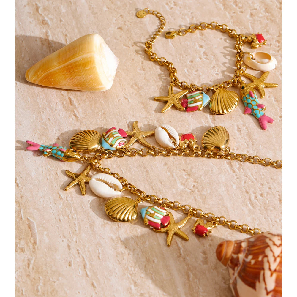 Collier et bracelet à breloques « Sous la mer » | Ensemble plaqué or 18 carats fait main